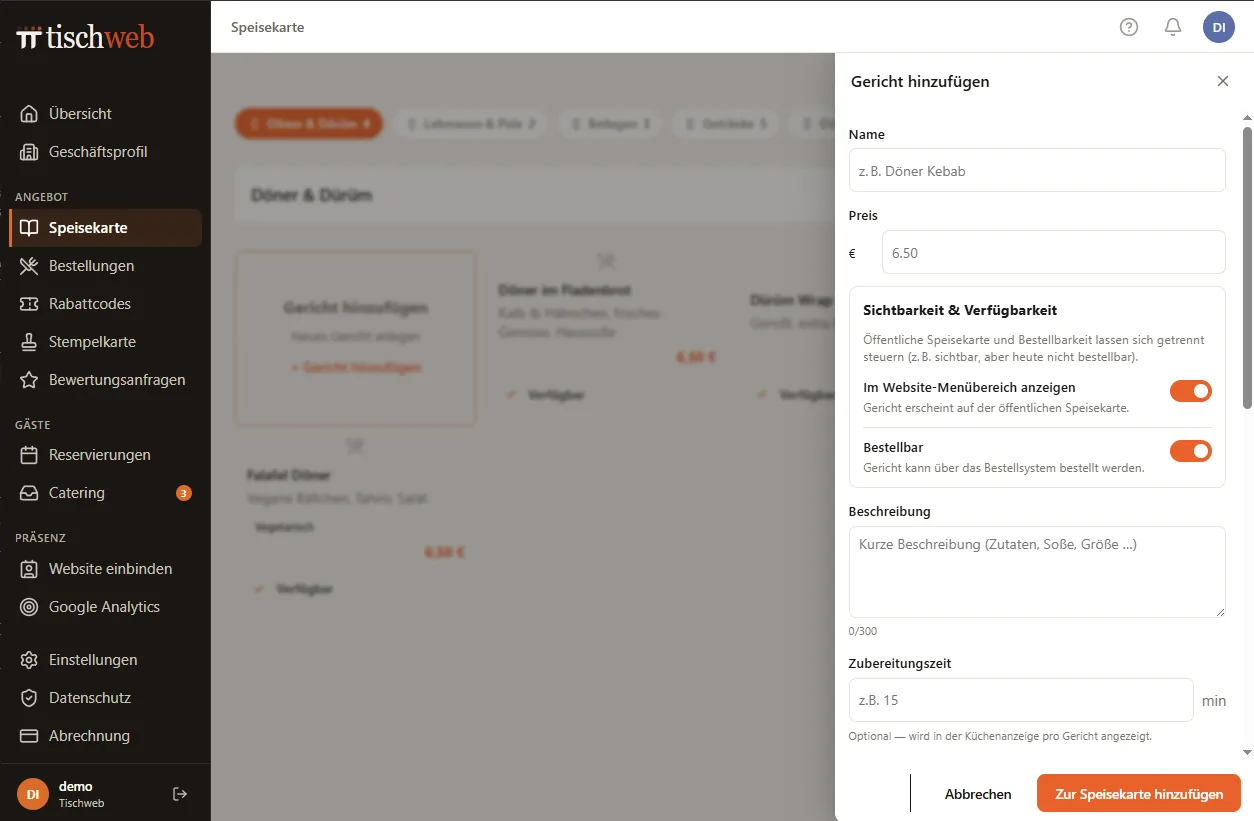 Dashboard-Ansicht mit Speisekarte